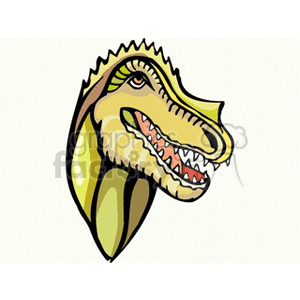 The image is a stylized cartoon of a dinosaur's head. It shows the dinosaur with an open mouth, revealing sharp teeth, and has a detailed illustration style with various shades and highlights to give a sense of depth and texture.