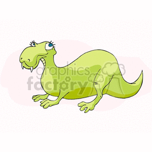 The image depicts a cartoon representation of a cheerful, green dinosaur. It has a big smile, stylish eyelashes, and is portrayed in a playful and friendly manner, unlike the real-life ferocity and intimidation associated with actual dinosaurs.
