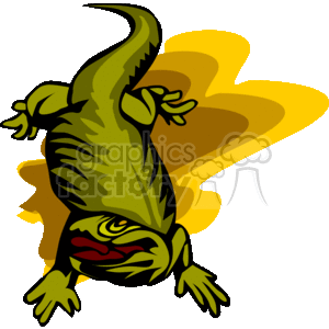 The clipart image you provided shows a stylized depiction of a green lizard or iguana. It has a long tail, four limbs, and is depicted in a pose that suggests movement or activity. The background consists of a simple abstract yellow design that complements the main subject.