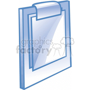 The clipart image shows a blue clipboard with what appears to be a blank sheet of paper attached. This item is commonly used in various business and work settings to hold and support documents while writing or reading.