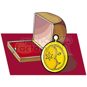 clipart - Gold moon and star pendant with box.