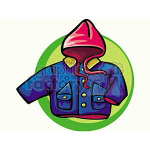 A blue jacket with a red hood