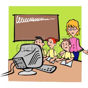 education_fun_computers001.gif Clip Art Education back to school learning showing blackboard writing chalk students teacher glasses funny cartoon computer keyboard classroom determined happy excited  reading+circle
