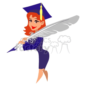 A Graduate Holding a Grey Feather Wearing her Cap and Gown clipart.