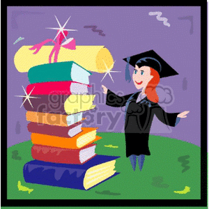 Female graduation student standing next to a stack of books clipart. Commercial use image # 139491
