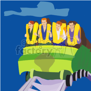 This clipart image features a group of four people riding a roller coaster. They are seated in a green coaster car with yellow restraints and appear to be enjoying the ride, as indicated by their happy expressions. The track of the roller coaster is visible below the car, and there's a suggestion of speed and movement. The background is a simple blue with a single cloud