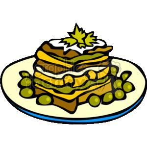 This clipart image depicts a stacked sandwich served on a plate. The sandwich appears to be made of multiple layers of bread, with what looks like yellow cheese, green lettuce or spinach, and possibly some other fillings. Surrounding the sandwich on the plate are green olives. The sandwich is topped with a garnish that includes a leaf, indicating it's ready to be served.