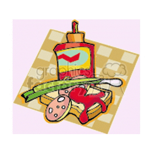 Green onion with a slice of bread and a bottle of catsup clipart.