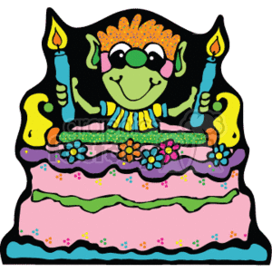 Little gremlin sitting on a cake holding two candles clipart.