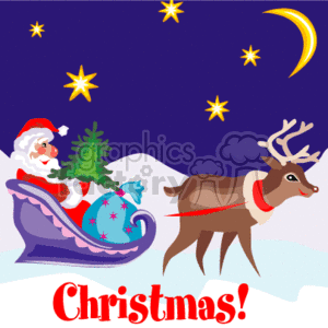 Sant Claus In His Sleigh At Night Pulled By A Reindeer clipart.