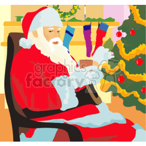 clipart - Stamp of Santa Claus Sitting Drinking a Drink.