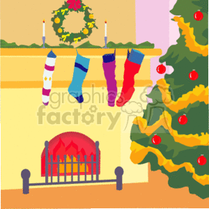 clipart - Stamp of a Decorated Mantel and Christmas Tree.