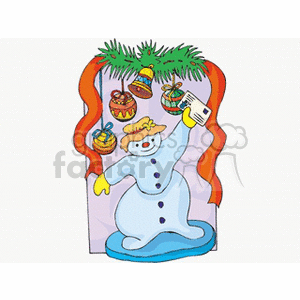 clipart - Snowman Holding Letter Standing Under Decorated Garland.
