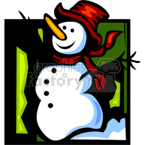 Happy Snowman with a Carrot Nose and a Red Hat and Scarf clipart. Royalty-free image # 143261