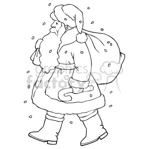Black and White Santa Walking in the Snow With a Bag of Gifts clipart. Royalty-free icon # 143550