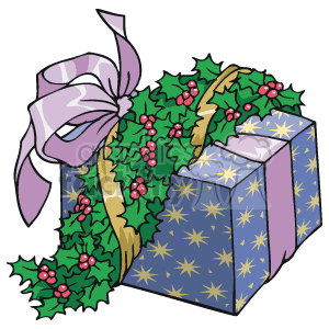Wrapped Christmas Gift With Holly Berry Garland clipart. Royalty-free image # 143591