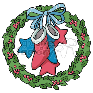 Wreath with Bow Holding Stockings and Stars clipart.