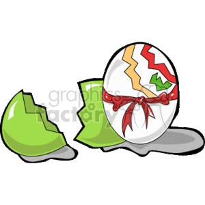 clipart - Broken Green Egg and Decorated Easter Egg with a Red Bow.