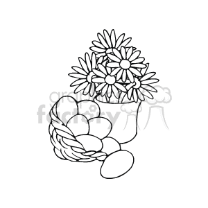 Black and White Eggs in a Basket and Flowers in a Small Cup clipart. Commercial use image # 144389