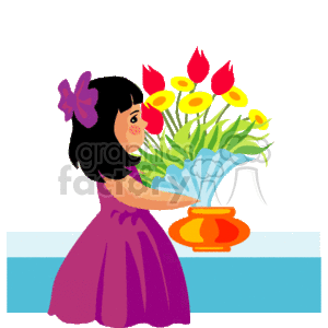 Little girl in a purple dress holding a flowers in a pot