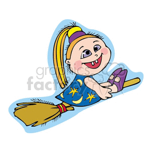 clipart - Little girl flying on a witches broomstick.