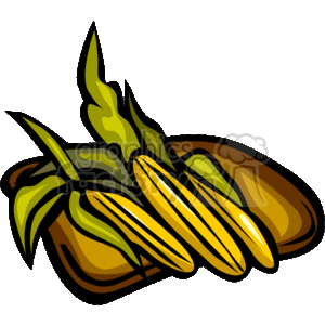The clipart image depicts three ears of corn with green husks partially covering the yellow kernels. The corn is illustrated in a stylized manner with bold outlines and vibrant colors, typical of clipart designs.