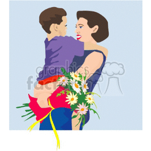 clipart - A Happy Mother holding her Son who gave her Flowers.