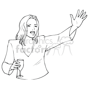 The clipart image depicts a person raising their hand in a greeting or celebratory gesture while holding a glass, which could be interpreted as a toast. This image can be associated with events like birthday parties, anniversaries, New Year's Eve celebrations, or any festive occasion where a toast might occur.