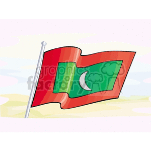 The image is a clipart illustration depicting the flag of the Maldives fluttering on a pole. The flag features a red field with a green rectangle in the center and a white crescent moon facing the fly end inside the green rectangle. The background suggests a sunny, cloud-streaked sky setting, possibly indicating the tropical climate of the Maldives.