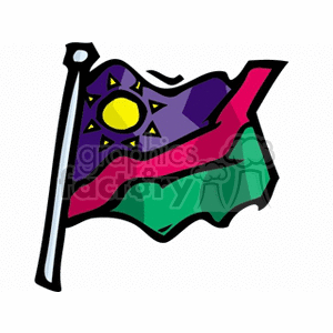 This is a stylized clipart image of the flag of Namibia. The flag features a diagonal division from the lower hoist-side corner, with the upper triangle being blue and the lower triangle green. The flag also includes a red stripe with a white border that separates the blue and green triangles and extends from the lower hoist side corner to the upper fly-side corner. There's a golden-yellow sun with twelve triangular rays on the blue triangle near the hoist side.