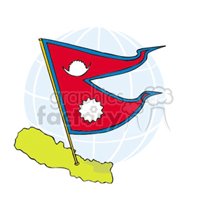 The clipart image features the unique, two-triangle-shaped flag of Nepal, with its characteristic crimson-red background and blue border. Embedded within each triangle is a white symbol: the upper triangle contains a white moon with eight rays, while the lower triangle contains a white twelve-rayed sun. The flag is set against a stylized globe background, with lines indicating latitude and longitude, and there is a simplified, yellow-colored map of Nepal at the base of the flagpole.
