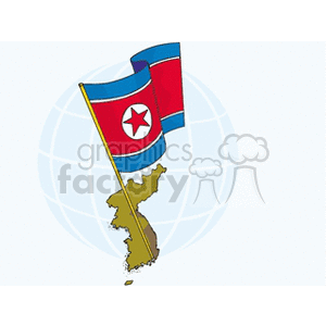The clipart image features the national flag of North Korea superimposed over an illustration of the Korean peninsula, with both North and South Korea depicted. The flag is on a flagpole and displays prominently against a backdrop that suggests a global context, possibly referring to international affairs.