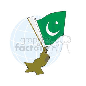 The clipart image depicts the flag of Pakistan, which features a white star and crescent on a dark green background with a white vertical stripe at the hoist side. The flag is superimposed on a stylized representation of a globe, indicating Pakistan's place in the world, and it appears to be attached to a flagpole. There's also the outline of the country map of Pakistan shown beneath the flag, in a shade of brown. 