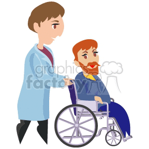 clipart - A Doctor Wheeling a Sick Man in a Wheelchair.