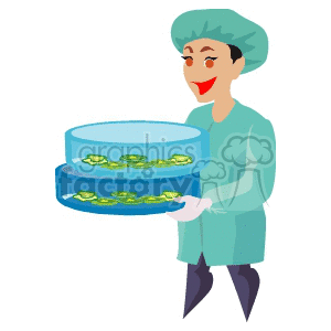 A Person Wearing Scrubs Holding Two Peti Dishes with Bacteria