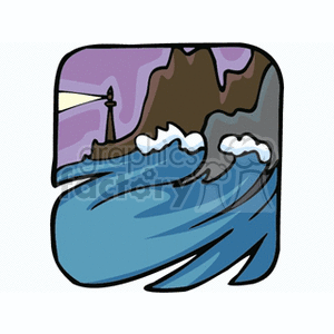Waves crashing into rocks with lighthouse clipart.