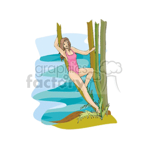 Woman posing in a bathing suit by lake clipart.