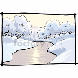 Snow covered trees and a frozen river clipart. Royalty-free image # 152770
