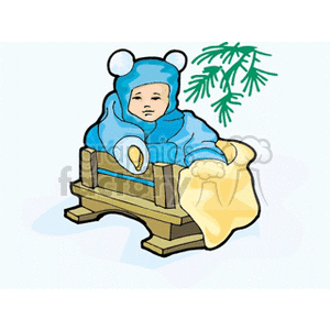 A little baby in a snowsuit wrapped in a blanket sitting on a bench