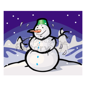 The clipart image displays a cheerful snowman with a green top hat, smiling in a snowy winter scene. Snow is gently falling around the snowman, and it appears to be a cold and crisp winter day or night.