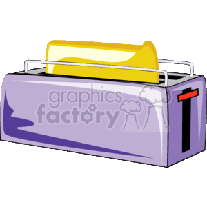 The image depicts a purple toaster with a single slice of yellow toast popping up from one of its slots. The toaster has a shade setting dial and a lever on the side.