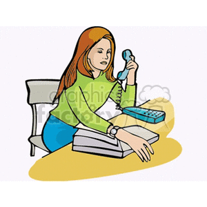 A Sad Girl Picking up a Blue Phone clipart. Commercial use image # 154243