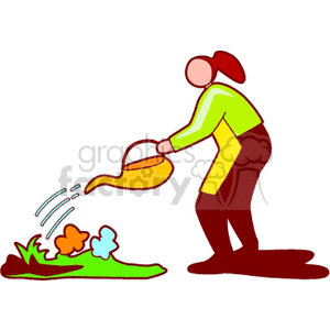A Woman Watering a Flower Garden clipart. Commercial use image # 154275