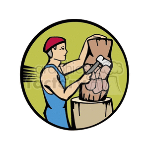 man carving wood with an axe