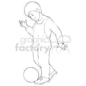 A black and white boy in biboveralls kicking a ball