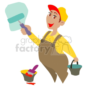 A Painter Painting the Wall Blue and Wearing Overalls clipart. Commercial use image # 155499