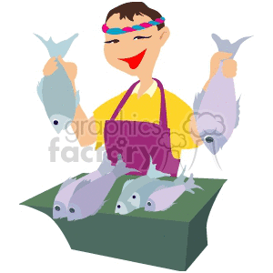 clipart - A Fishmonger Holding Two Fish.