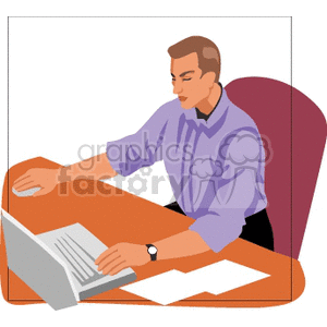 A Man with a Purple Shirt Sitting at a Desk Working on a Laptop  clipart. Royalty-free image # 155563