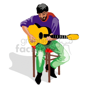 A Man Wearing a Blue Shirt Sitting on a Stool Playing an Acoustic Guitar clipart. Royalty-free image # 155571