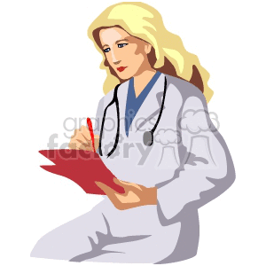 female doctor writing on her chart clipart. Commercial use image # 155611